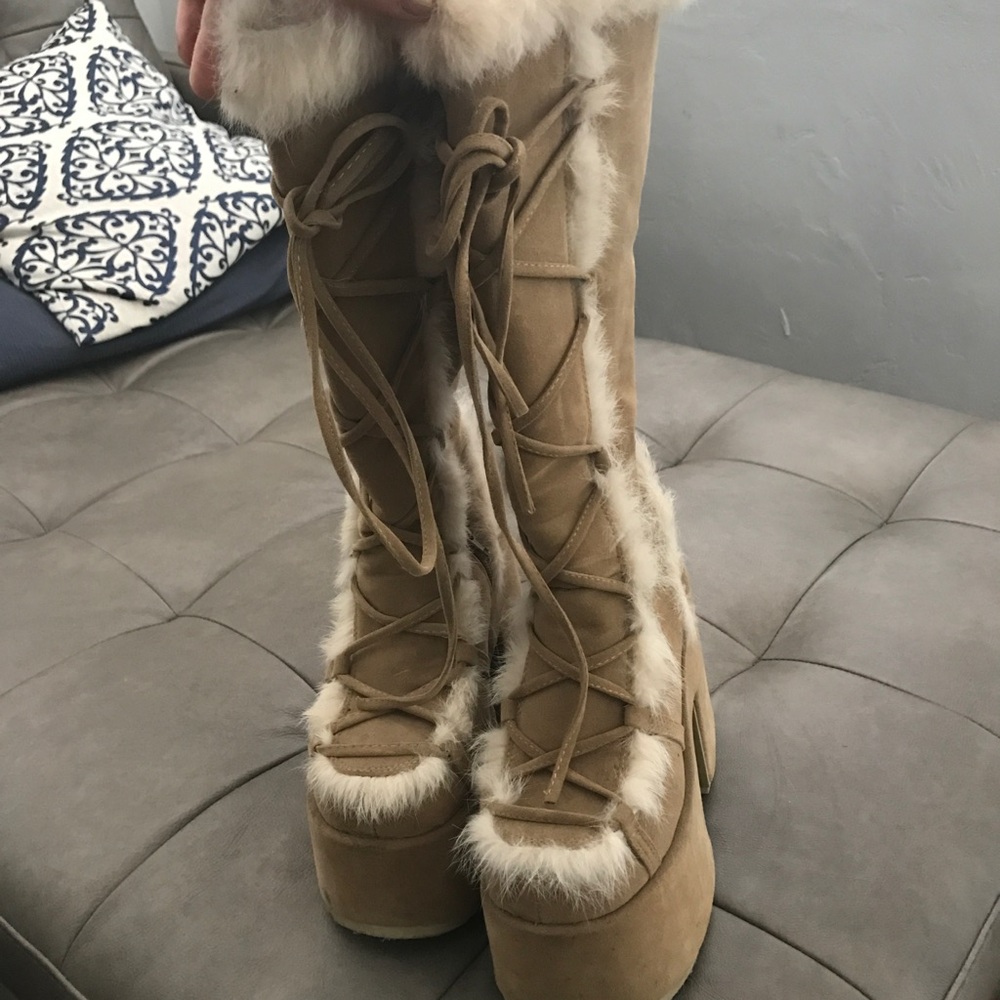 Demonia Dollskill platform fur boots